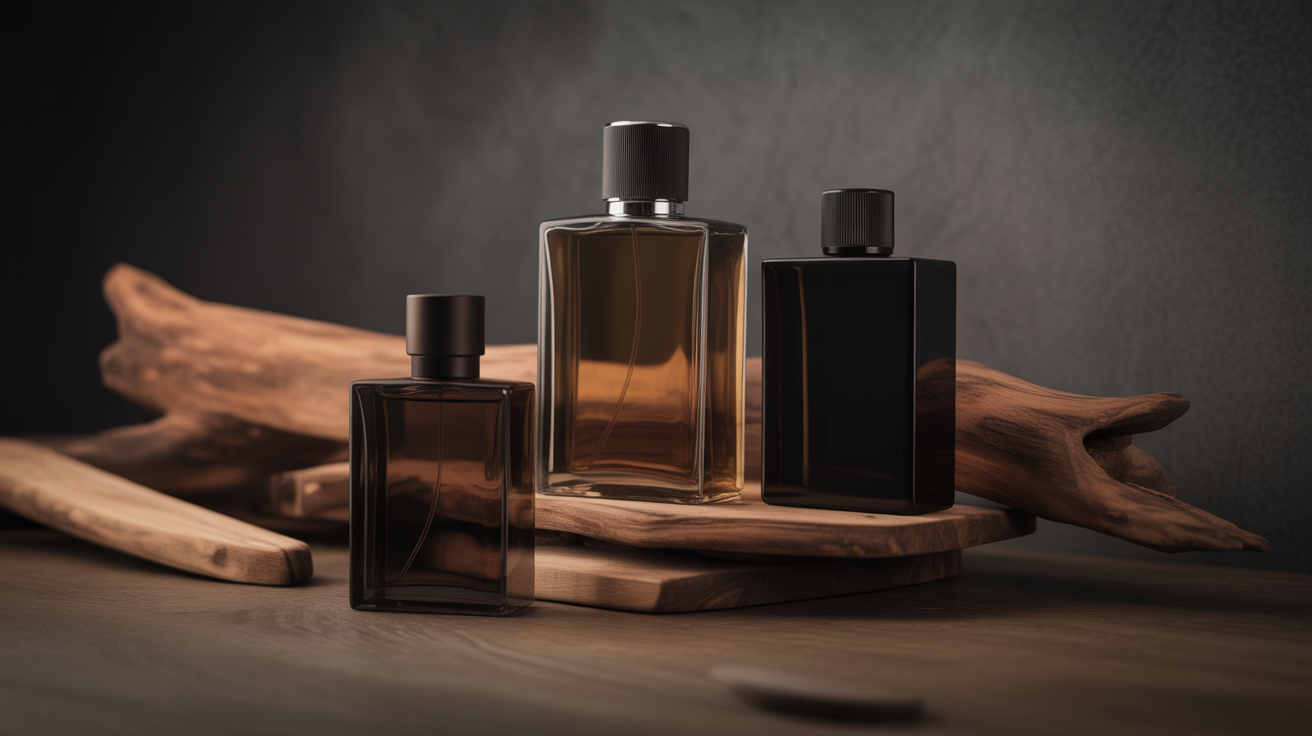 Collection de parfums masculins sur bois sombre avec éléments de cèdre représentant les références homme La Maison des Essences
