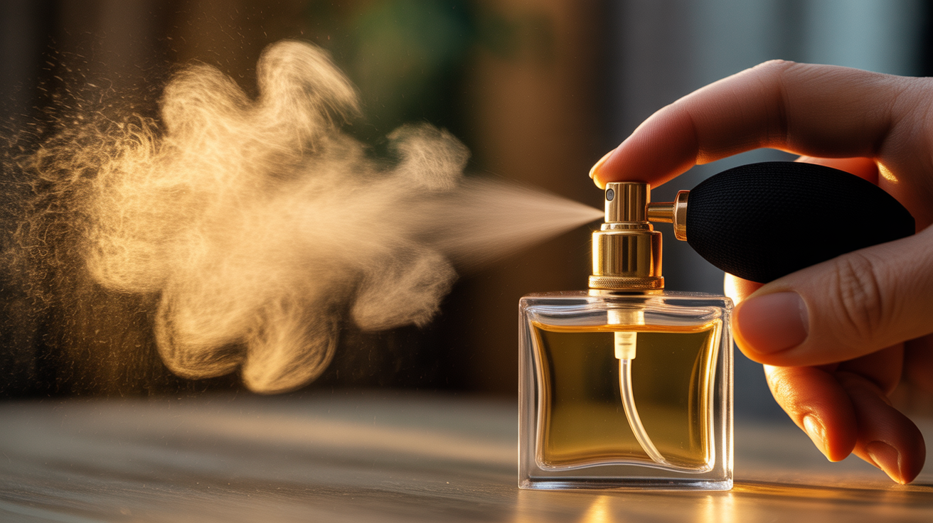 Vaporisateur de parfum en action avec nuage de fragrance visible démontrant la performance des parfums La Maison des Essences