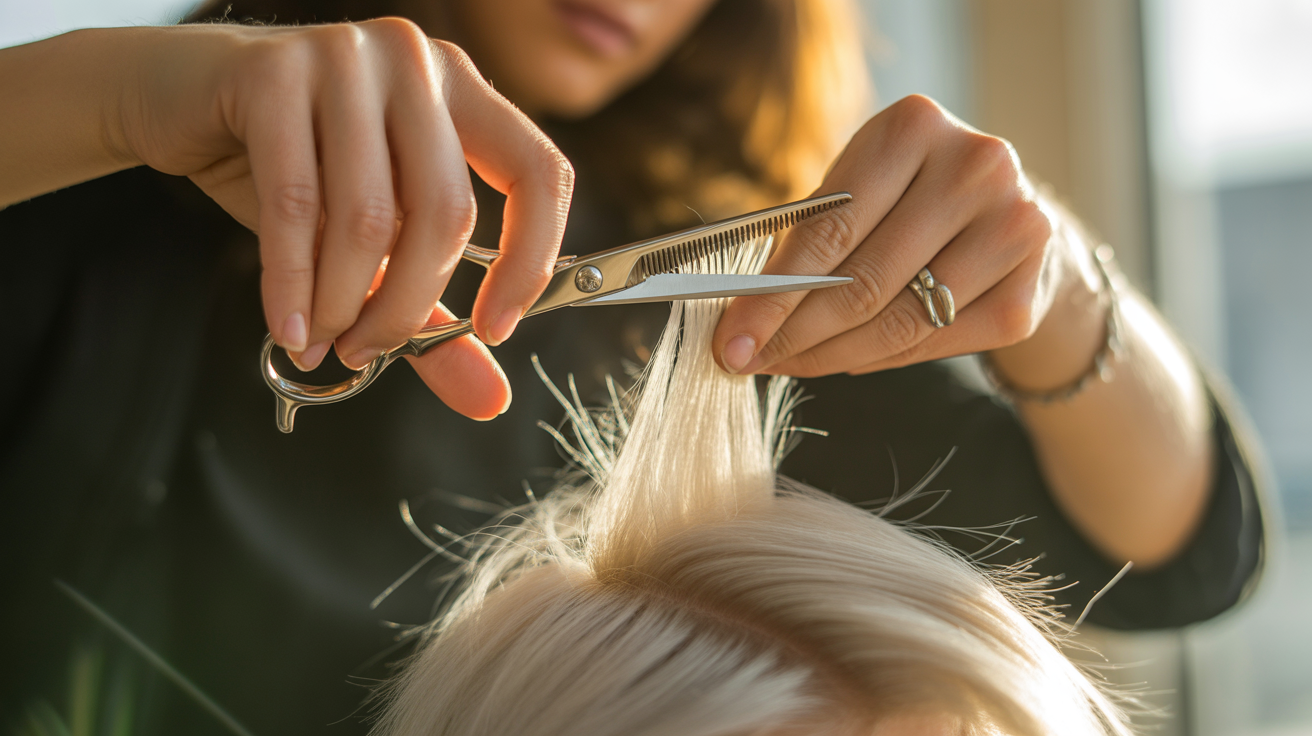 Mains de coiffeur professionnel coupant des cheveux blancs avec des ciseaux de précision