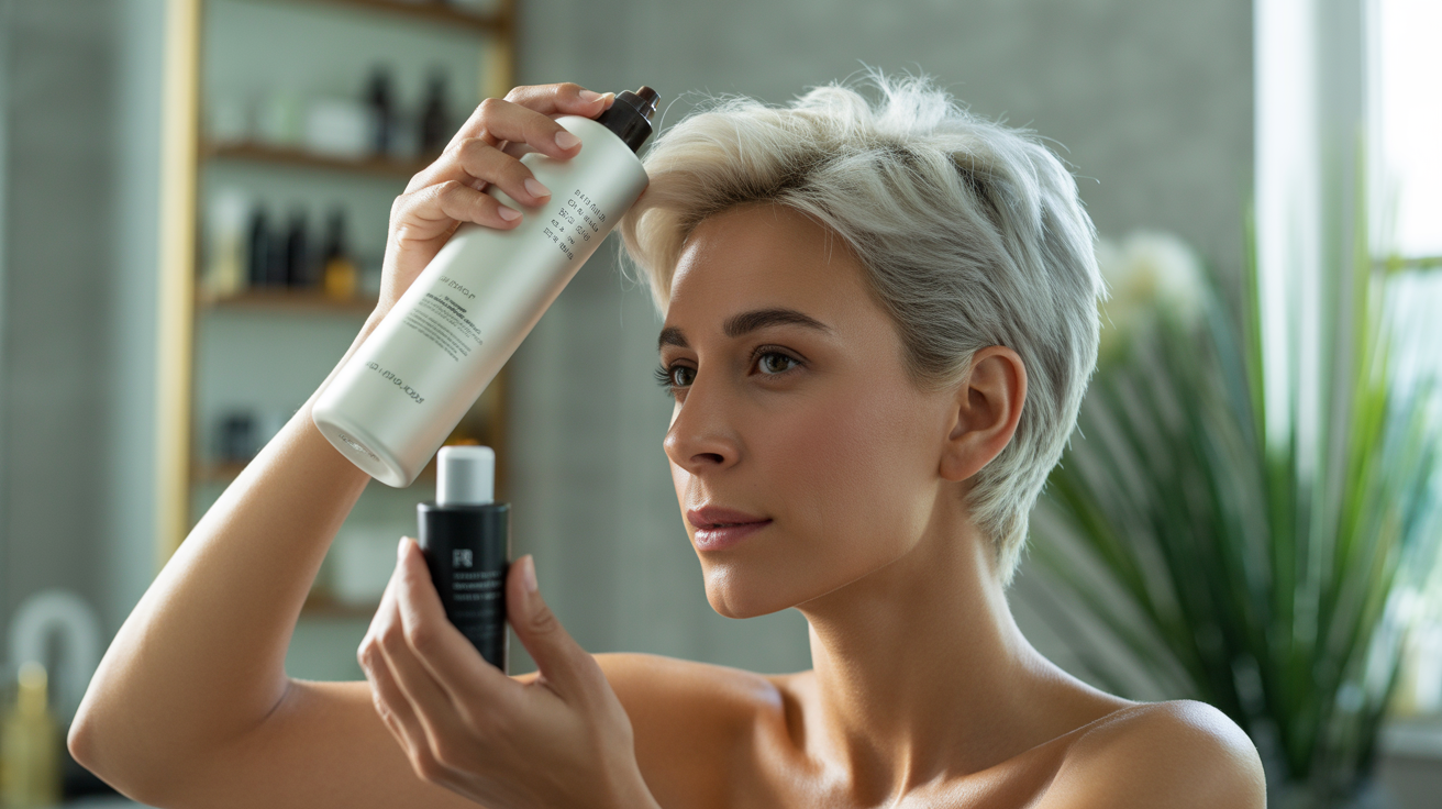 Femme appliquant des produits coiffants sur ses cheveux blancs courts dans sa routine quotidienne