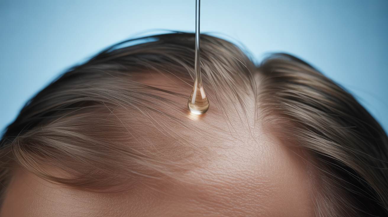 Application de solution minoxidil sur le cuir chevelu montrant les follicules pileux