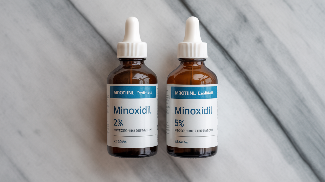 Comparaison visuelle entre les concentrations 2% et 5% de minoxidil pour femmes