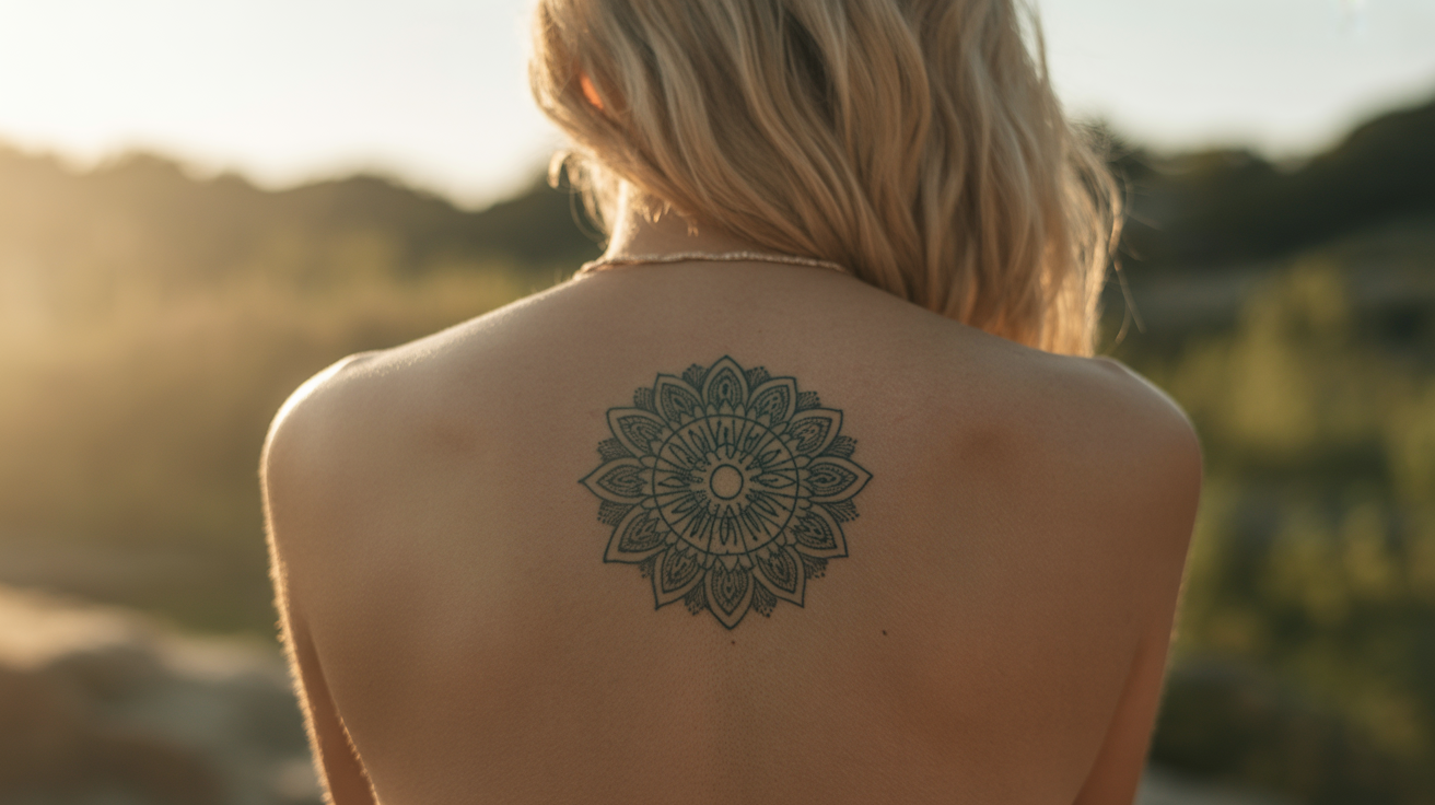 Tatouage symbolique et spirituel sur le haut du dos d'une femme, style mandala
