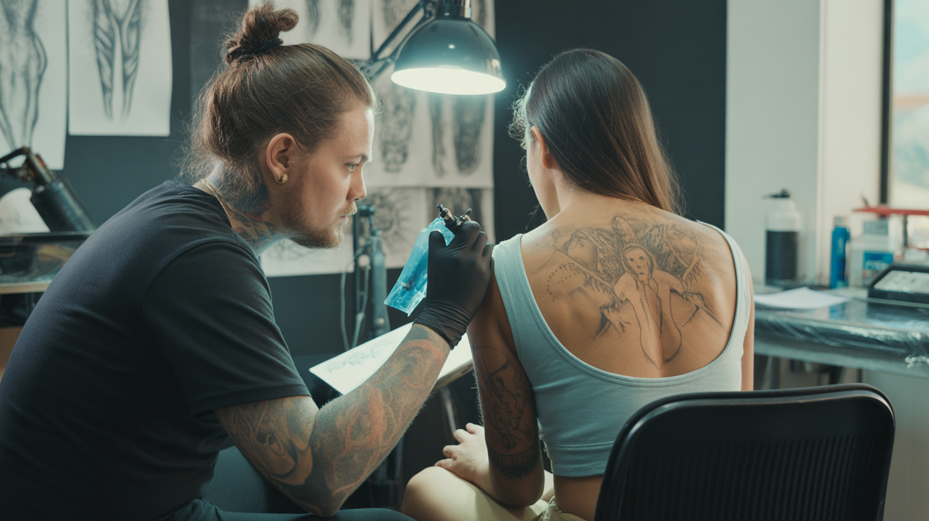 Consultation professionnelle entre tatoueur et cliente pour un projet de tatouage dos