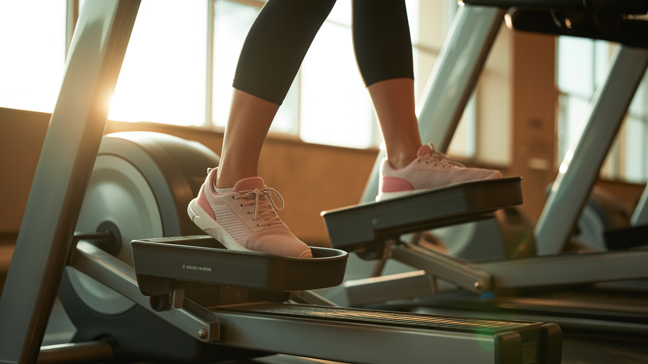 Pieds en mouvement sur les pédales d'un vélo elliptique, évoquant la persévérance et les résultats des témoignages