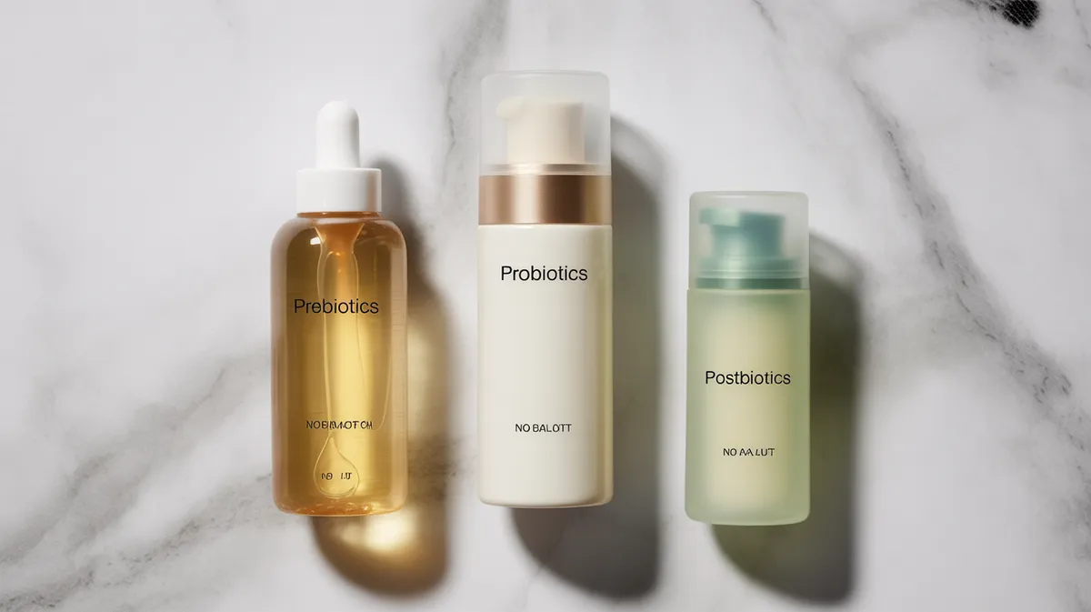 Comparaison visuelle de trois types de produits cosmétiques probiotiques, prébiotiques et postbiotiques