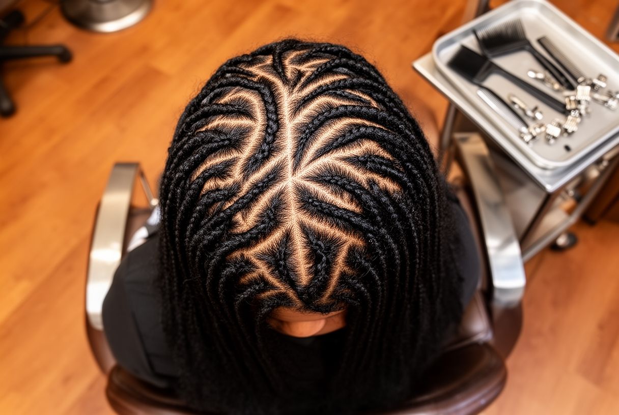 Vue de dessus de cornrows géométriques avec motifs sur cheveux noirs dans un salon de coiffure