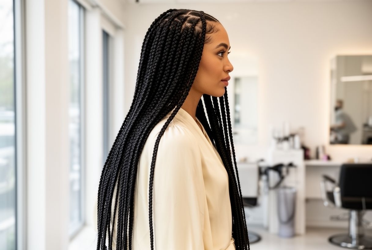 Femme de profil avec box braids longues noires et extensions dans un salon de coiffure