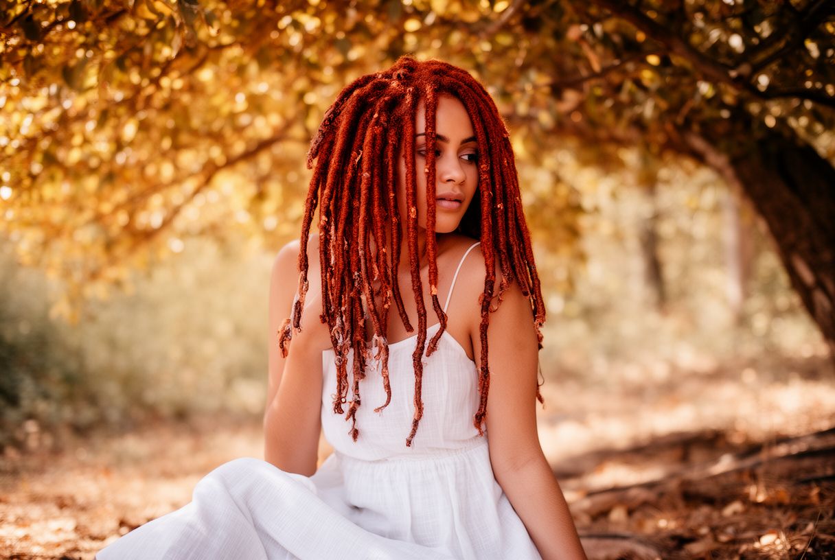 Femme avec faux locs auburn boho-chic en lumière naturelle extérieure sous les arbres