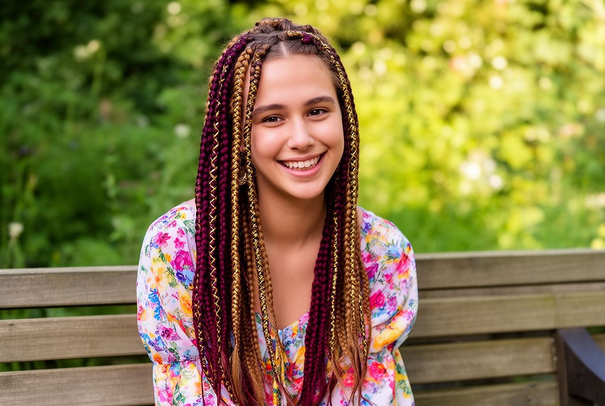 Nattes colorées boho avec fils dorés et extensions bordeaux sur jeune femme assise dans un jardin ensoleilé