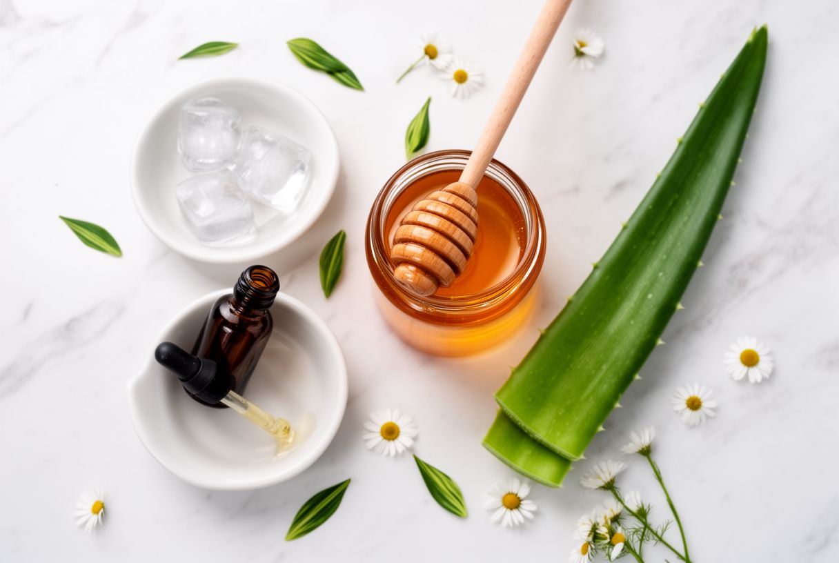Flat lay de remèdes naturels anti-bouton : bol de glaçons, flacon d'huile essentielle de tea tree, pot de miel et feuille d'aloe vera sur marbre blanc