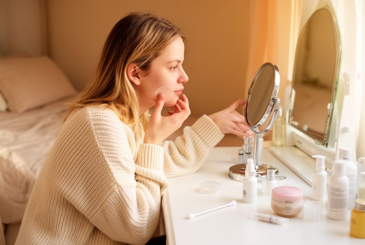 Femme assise devant sa coiffeuse appliquant un patch anti-bouton transparent sur son menton, soins posés autour d'elle