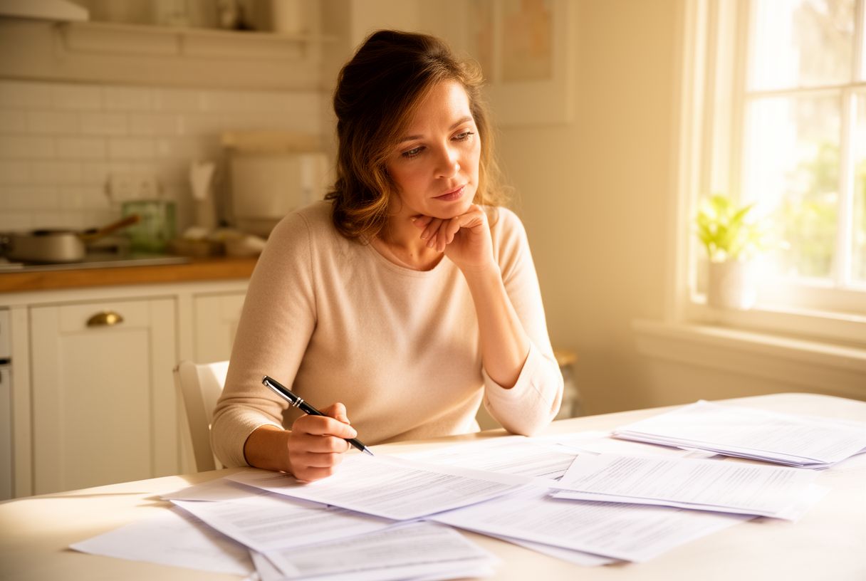 Femme assise à une table lumineuse consultant des papiers, stylo à la main, ambiance intérieur calme