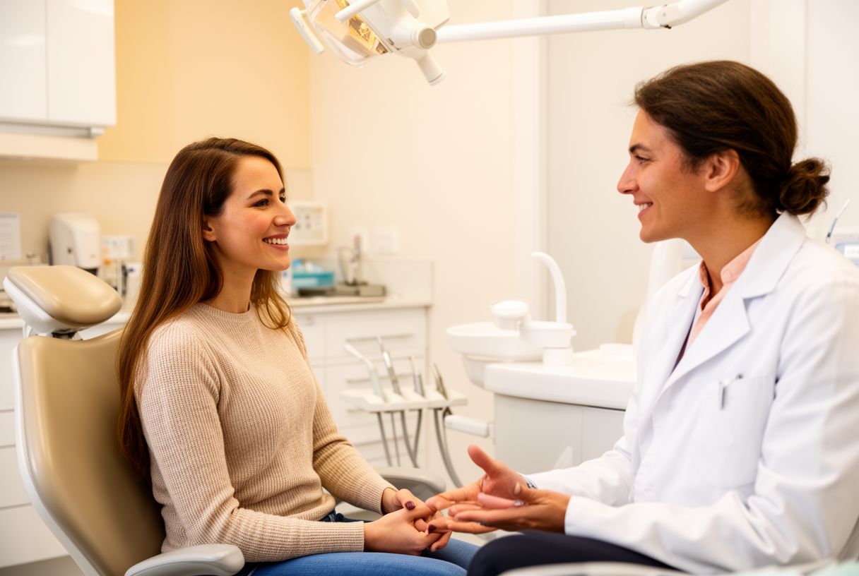 Femme souriant lors d’une consultation dentaire dans un cabinet moderne lumineux, dentiste en blouse blanche en arrière-plan