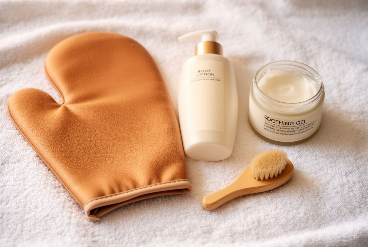 Gant autobronzant, crème hydratante et soin apaisant posés sur une serviette