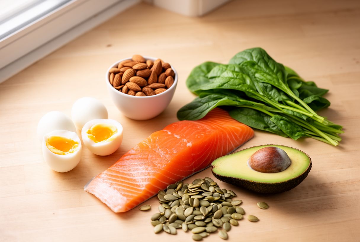 Pose à plat de aliments riches en biotine et zinc sur une table en bois clair : oeufs, amandes, saumon, épinards, graines de courge