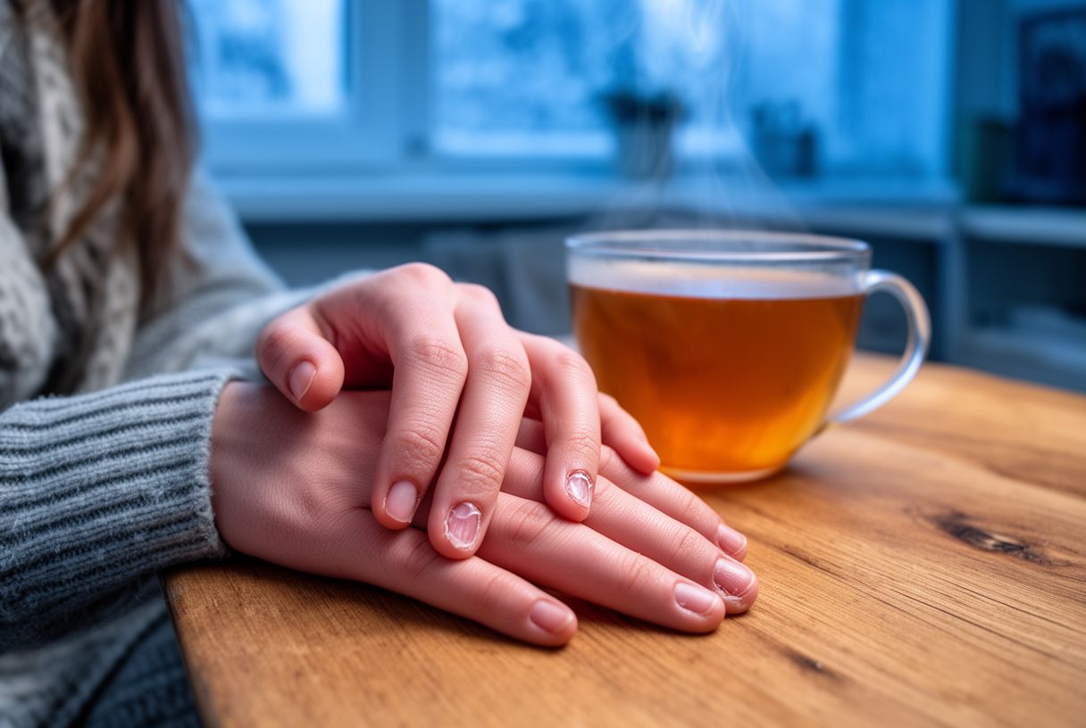 Mains aux ongles secs et fragilisés posées sur une table, avec une tasse de thé chaud symbolisant le froid et le manque de soins