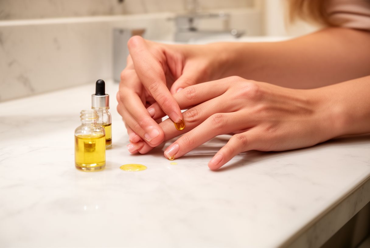 Gros plan de mains féminines appliquant une goutte d'huile dorée sur les cuticules à un plan de salle de bain en marbre, petit flacon compte-gouttes visible