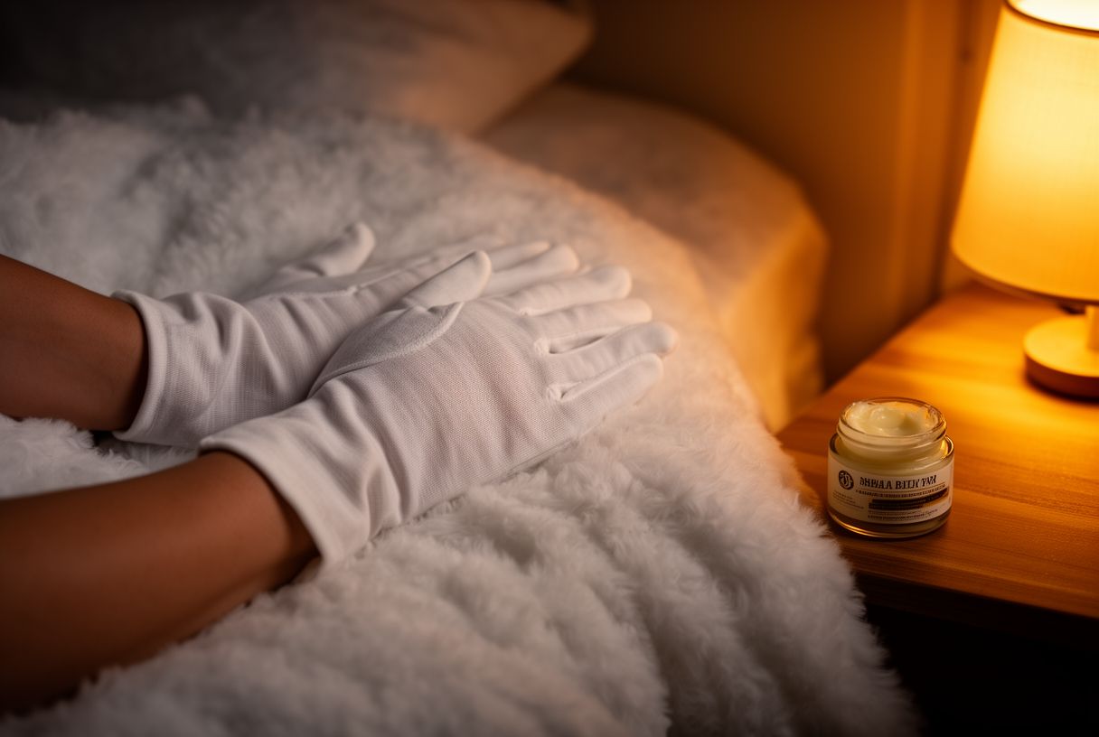 Mains féminines portant des gants en coton blanc, posées sur une couette blanche, lumière douce d'une lampe de chevet, atmosphère cosy nocturne