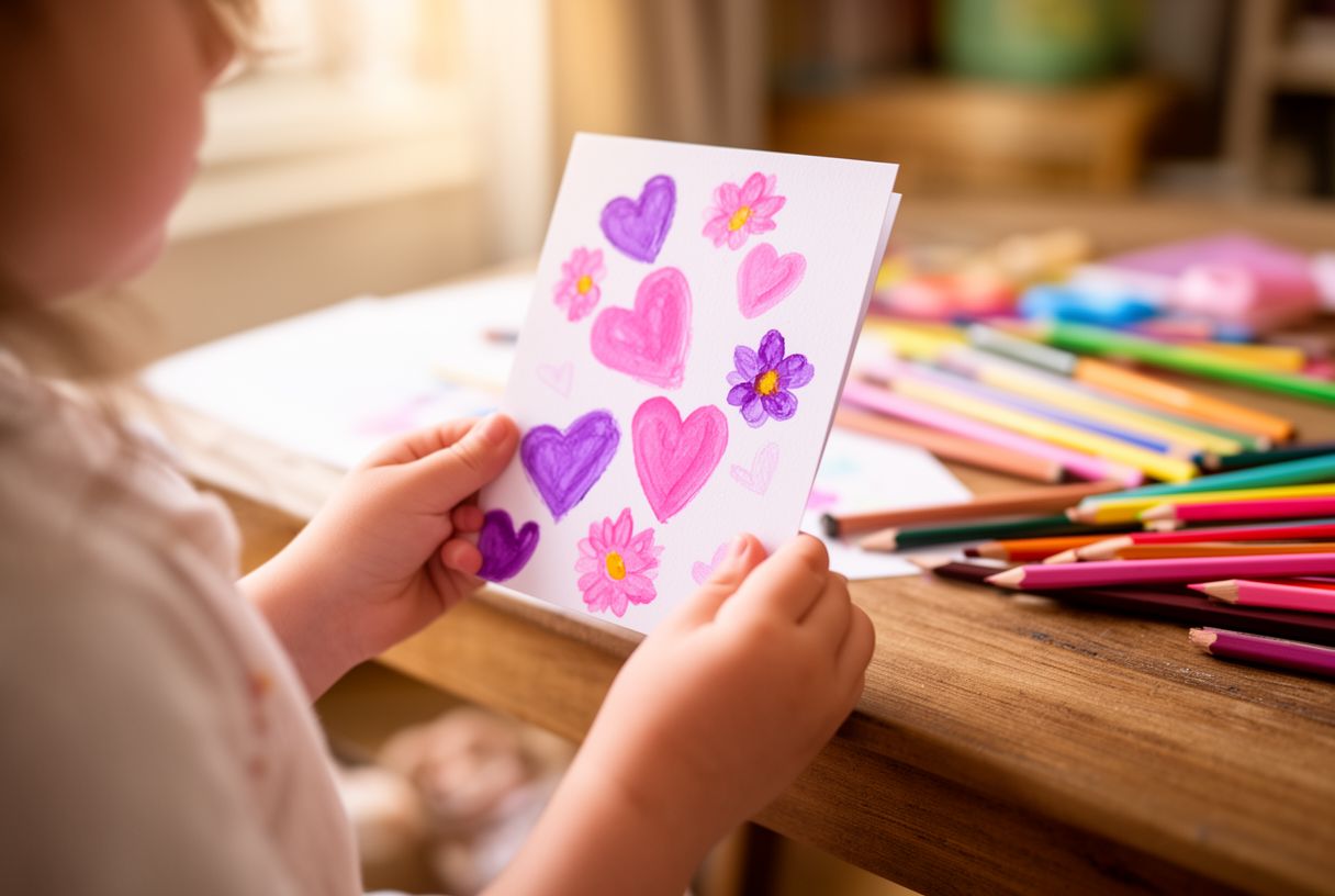 Mains d'un enfant tenant une carte faite main décorée de coeurs et de fleurs peints, sur une table en bois avec des crayons de couleur