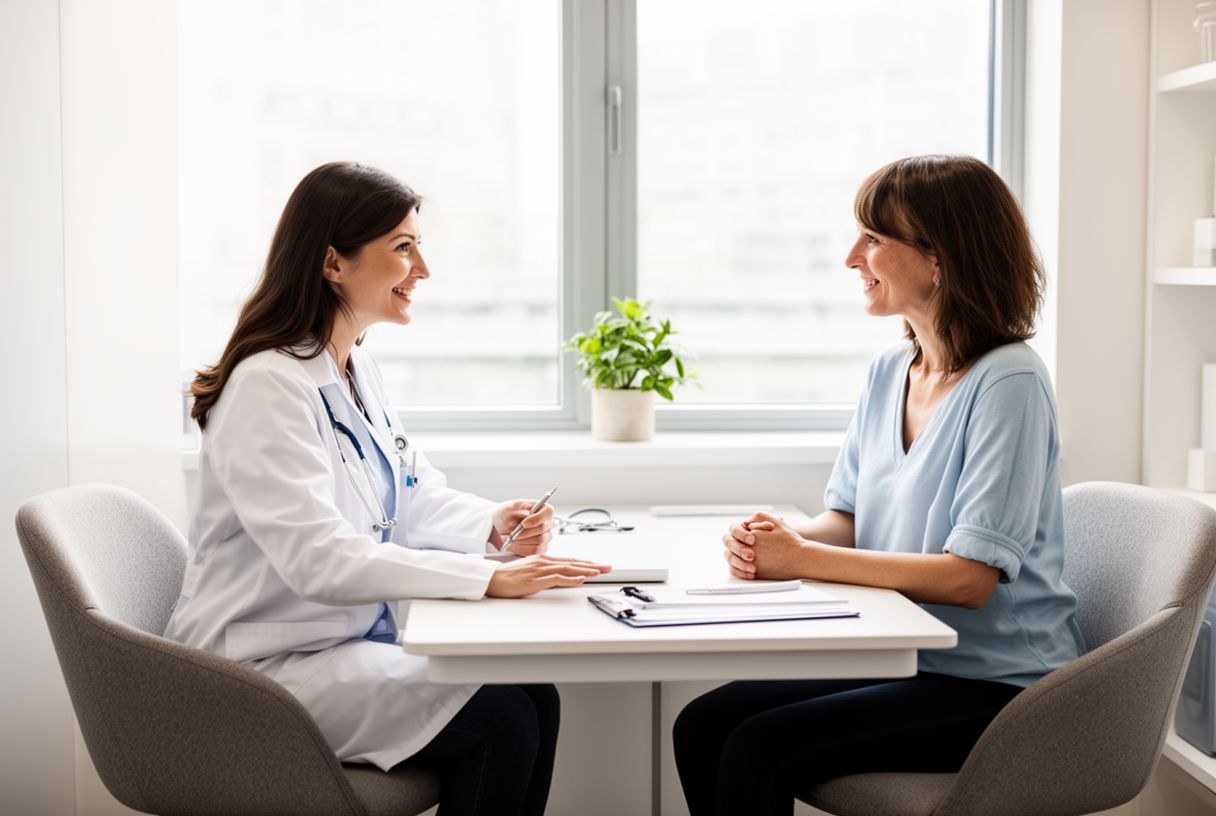 Femme en consultation avec une médecin dans un cabinet lumineux, toutes deux assises en conversation bienveillante