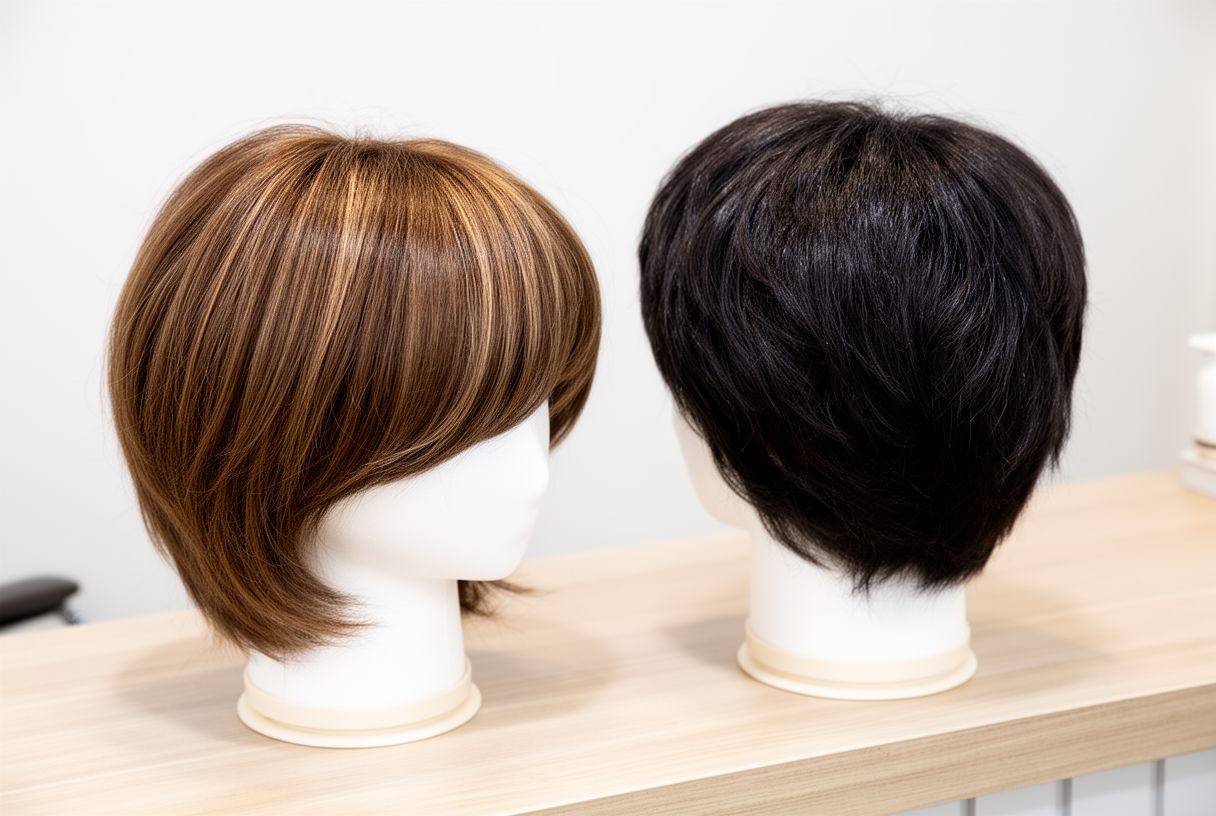 Deux perruques homme sur des supports en salon de coiffure, l'une en cheveux naturels bruns souples et l'autre en fibres synthétiques plus denses, posées sur une table en bois clair