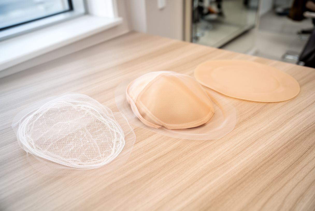 Trois types de bonnets de perruque disposés à plat sur une table en bois : dentelle lace transparente, monofilament beige et membrane polyuréthane fine couleur peau