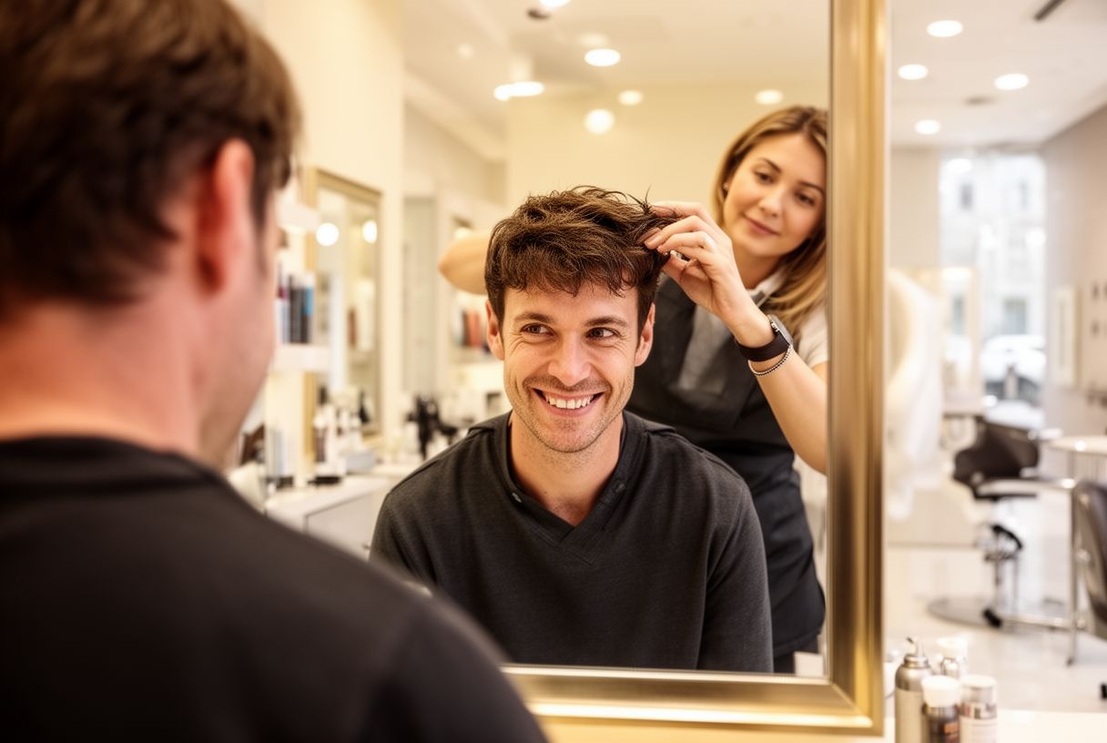 Homme souriant face à un grand miroir de salon de coiffure, un coiffeur spécialisé ajuste sa perruque courte brune depuis l'arrière, ambiance professionnelle lumineuse