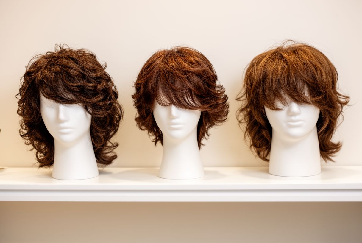 Trois perruques homme sur des têtes de mannequin alignées sur une étagère blanche dans une boutique de prothèses capillaires, différentes textures et tonalités de brun