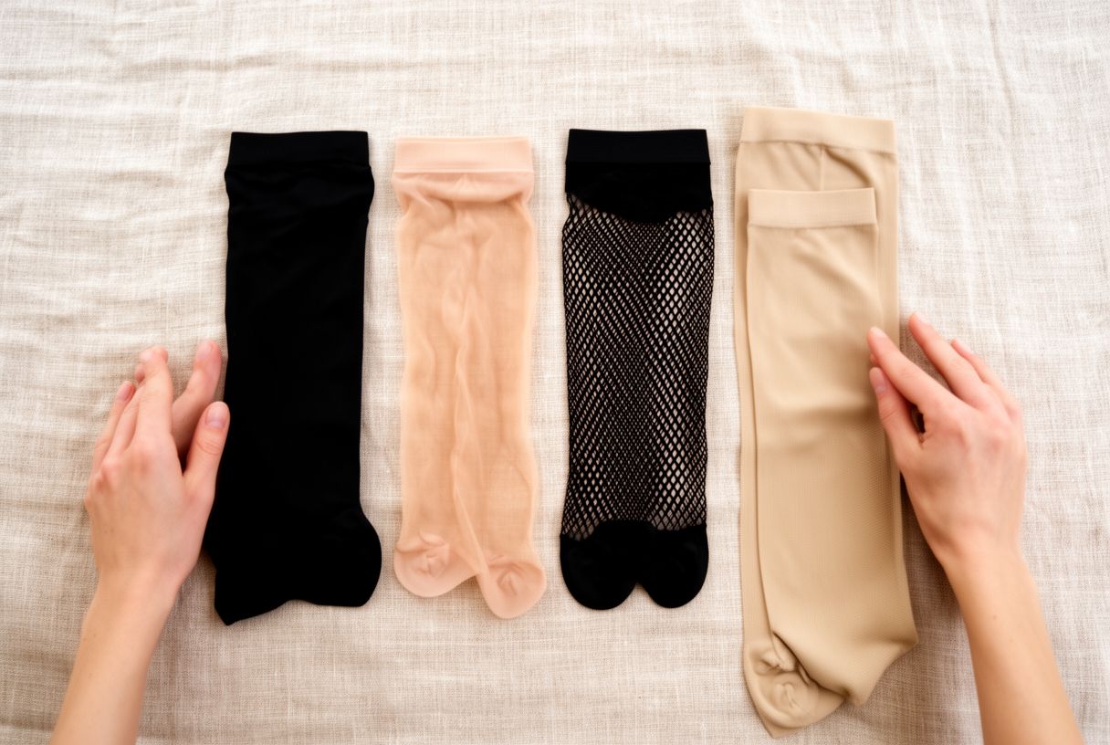 Quatre types de collants (opaque noir, voile nude, résille, contention beige) posés à plat sur un tissu en lin clair