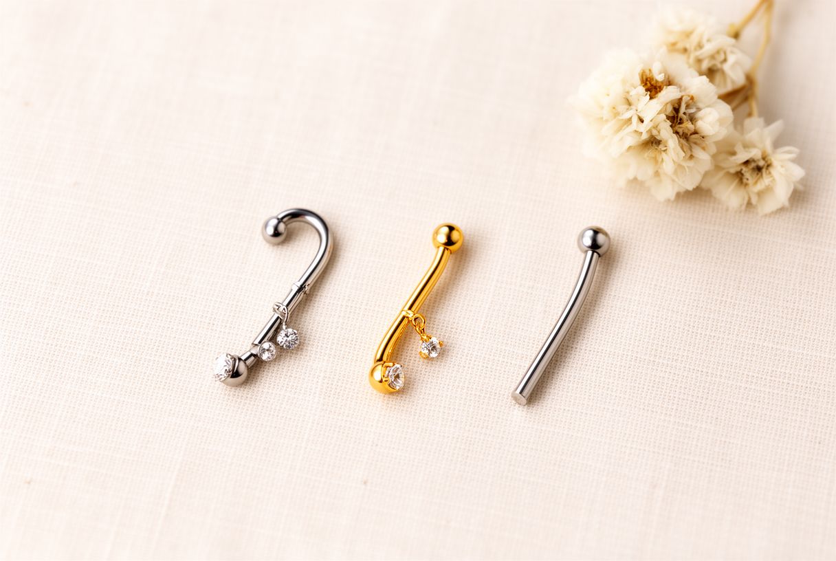 Flat lay de trois bijoux de nombril en titane anodisé, or massif et acier chirurgical sur fond lin crème