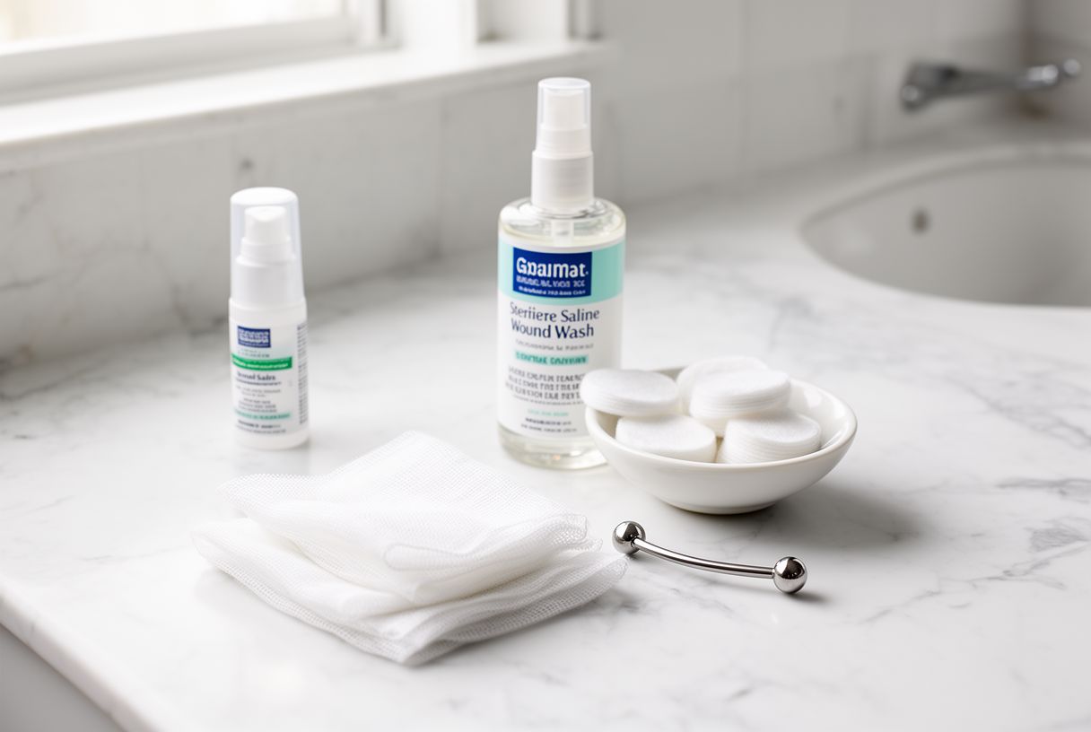 Spray salin isotonique, cotons et barre de piercing de nombril en titane posés sur un plan de travail blanc de salle de bain