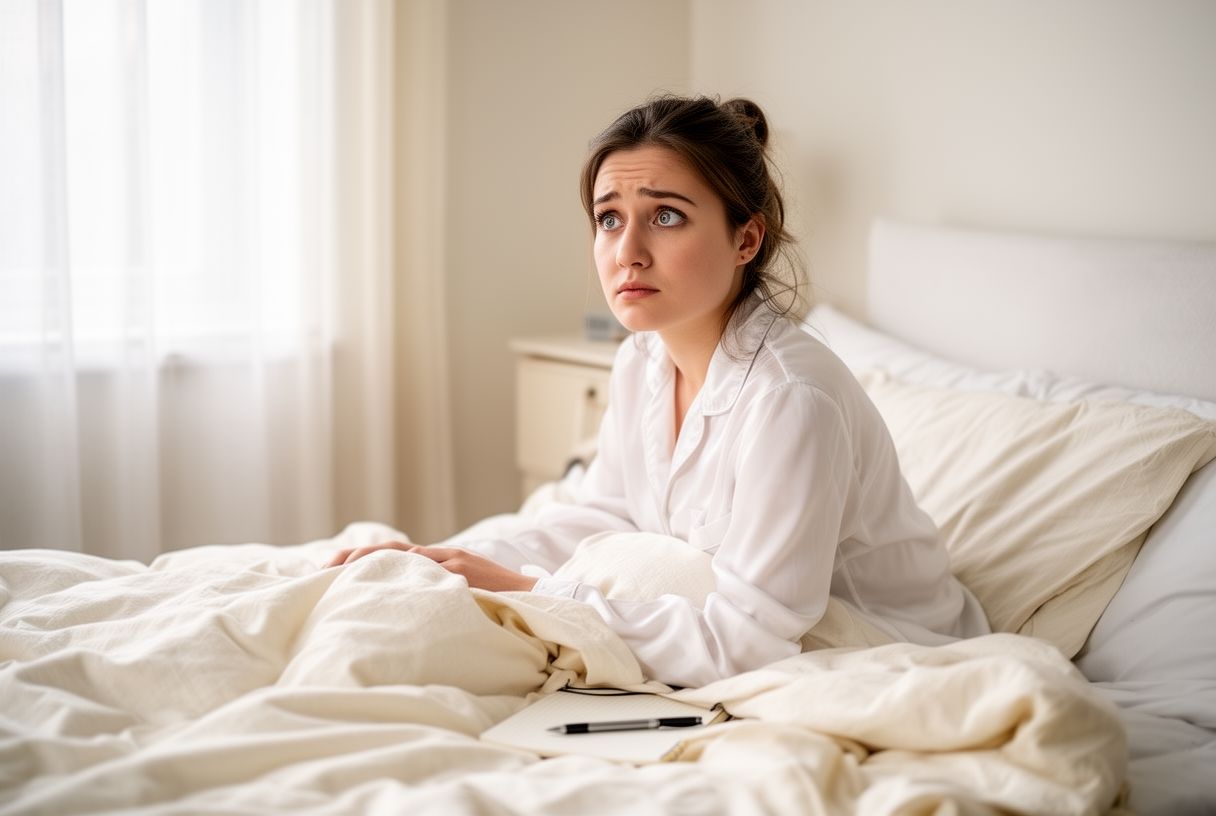 Femme réveillée le matin après un rêve de dent, expression pensive, lumière naturelle douce
