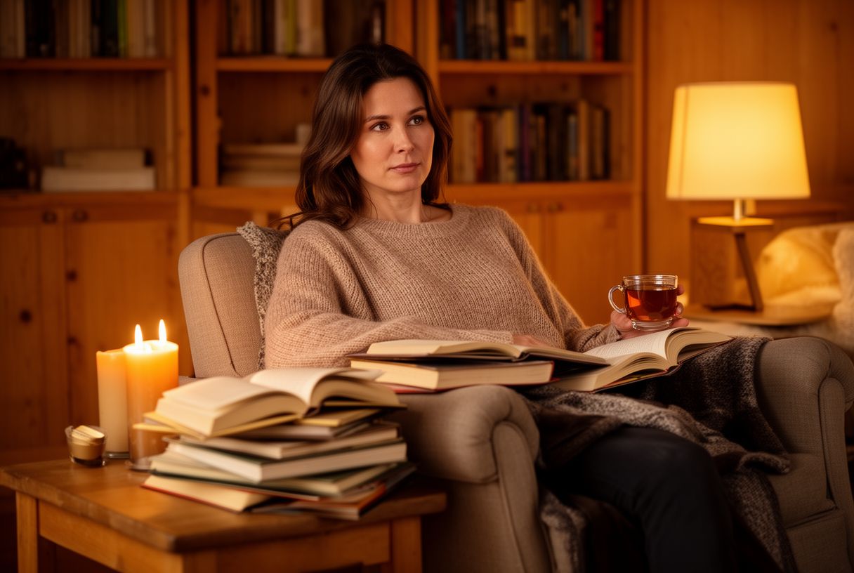 Femme assise dans un fauteuil entourée de livres ouverts et bougies, atmosphère introspective chaleureuse