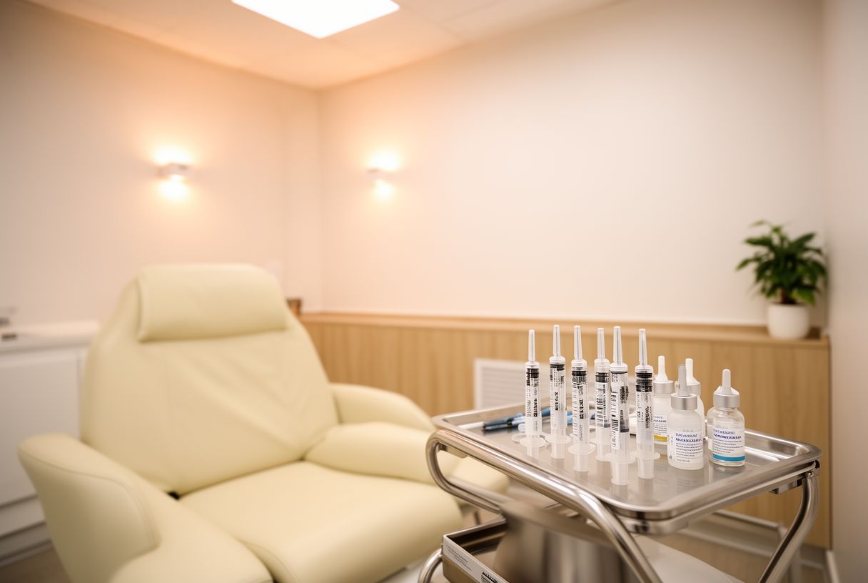 Cabinet de médecine esthétique lumineux avec fauteuil crème et plateau médical préparé pour injection lèvres
