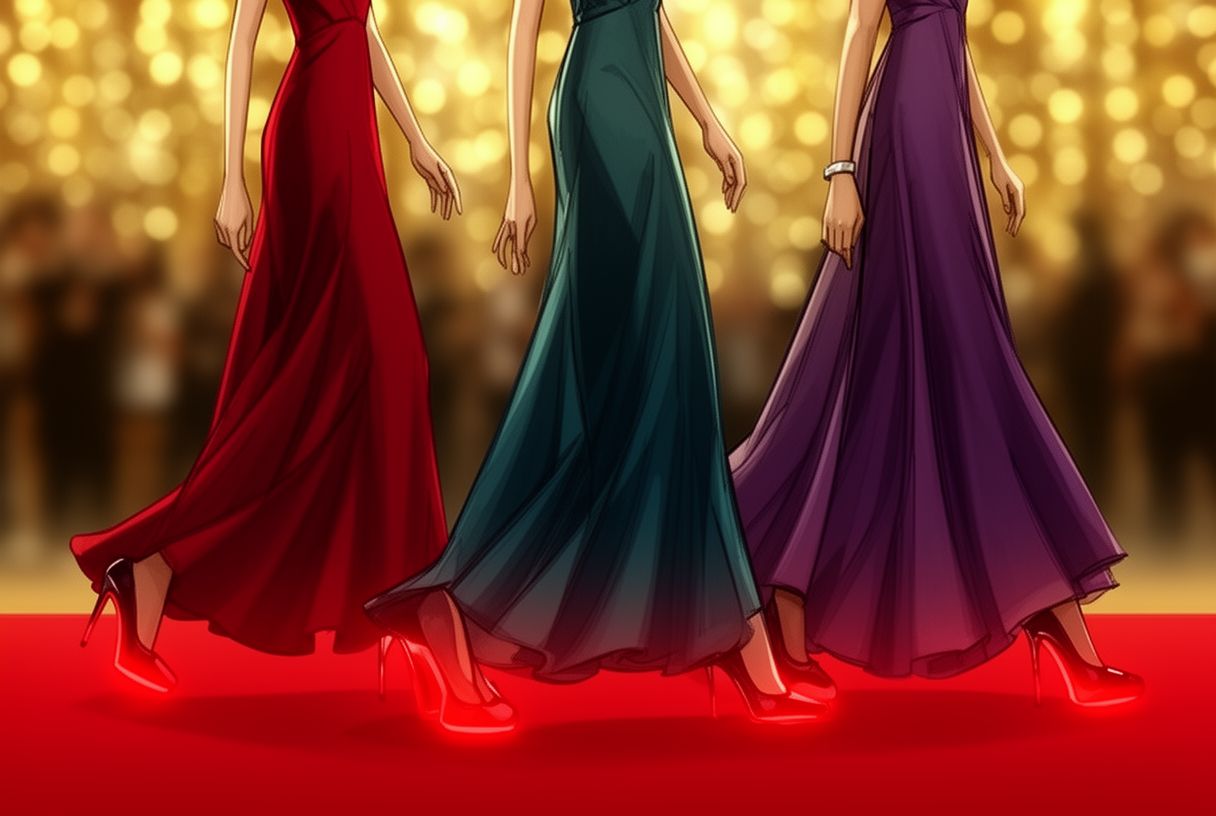 Illustration de silhouettes féminines en robe de soirée portant des escarpins à semelle rouge sur tapis rouge, lumières bokeh en fond