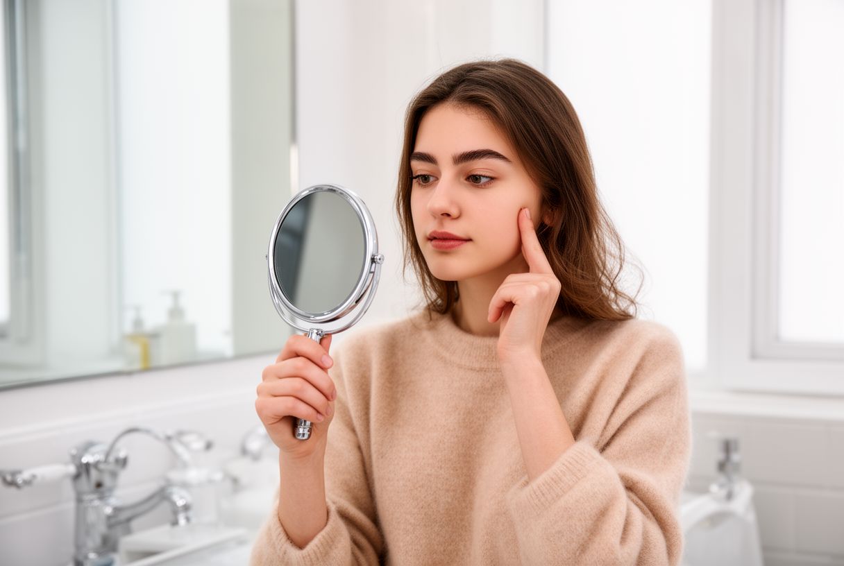 Femme observant ses sourcils dans un petit miroir