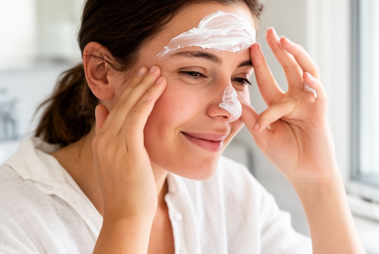 Femme en chemise blanche appliquant une quantité généreuse de crème solaire sur son front