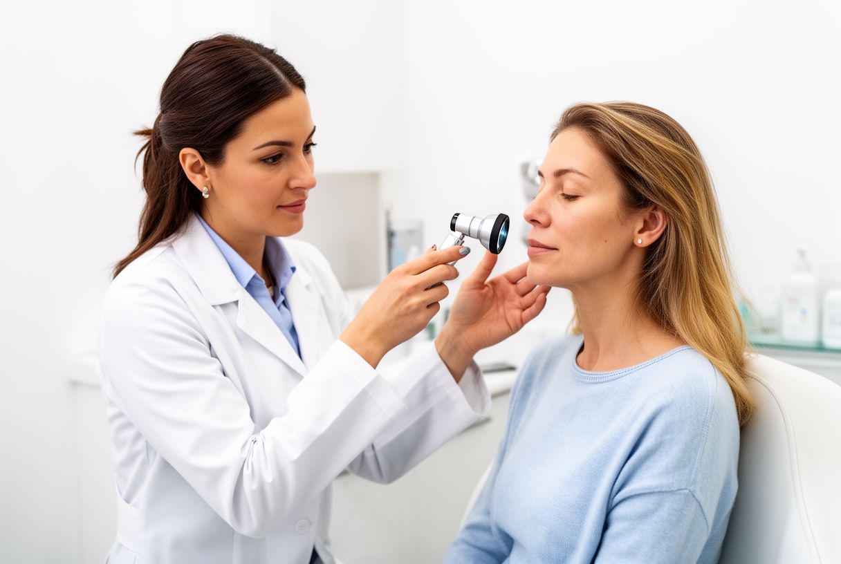 Dermatologue examinant le visage d'une patiente avec un dermatoscope dans un cabinet médical lumineux