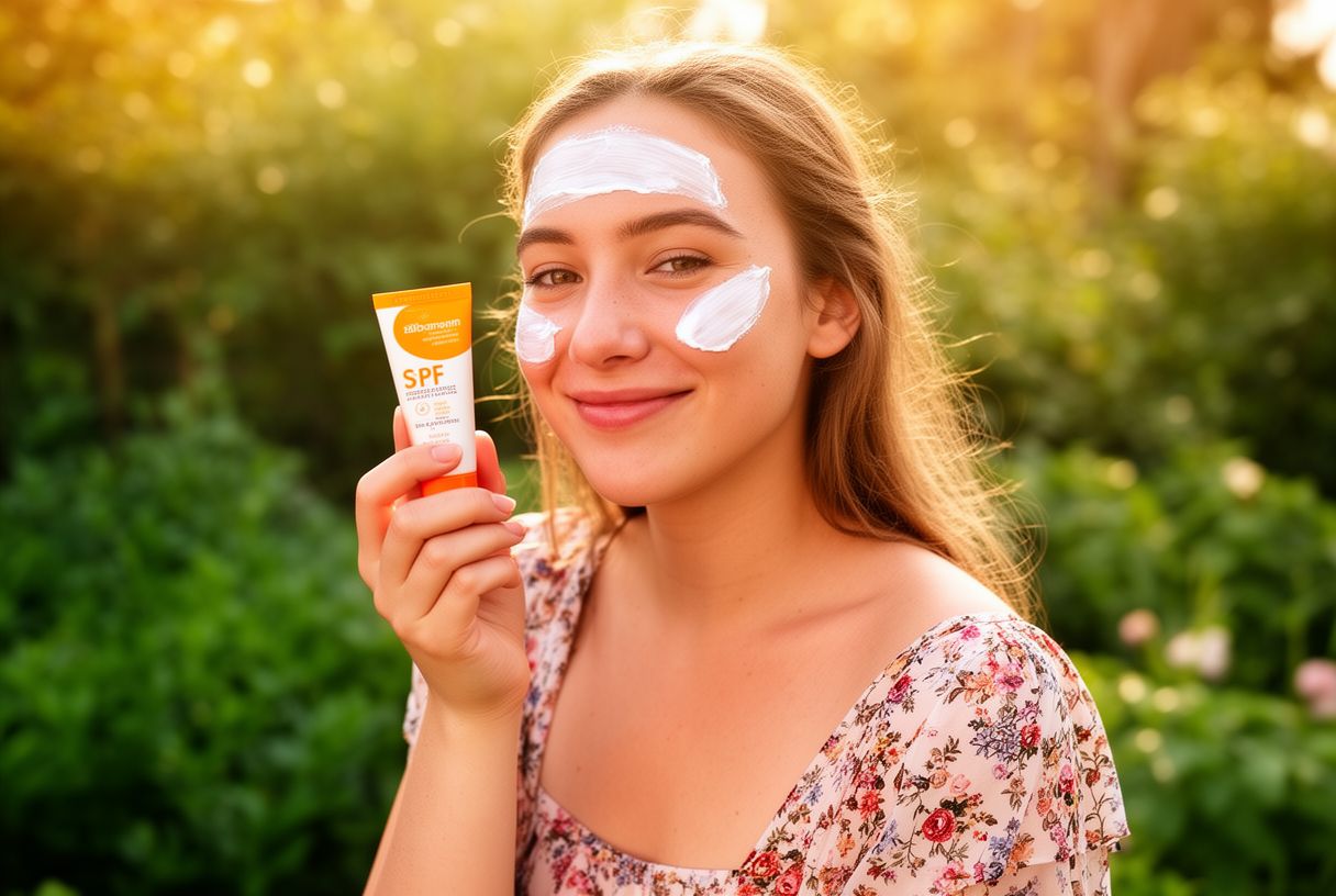Jeune femme en tenue d'été appliquant de la crème solaire sur son visage à l'extérieur par journée ensoleillée