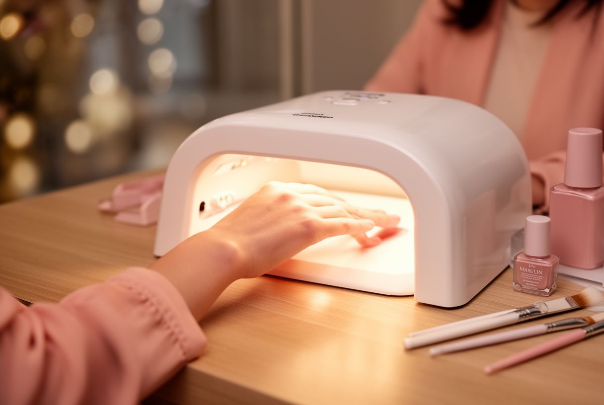 Main posée dans une lampe LED lors d'une pose de manucure en salon de beauté