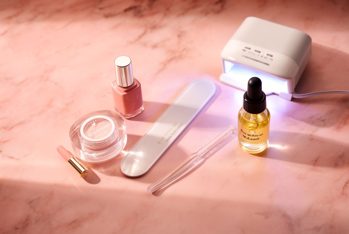 Flatlay de produits de manucure sur fond marbre rosé : flacon de vernis semi-permanent, pot de gel builder, lime à ongles en verre, huile de cuticules et lampe LED compacte