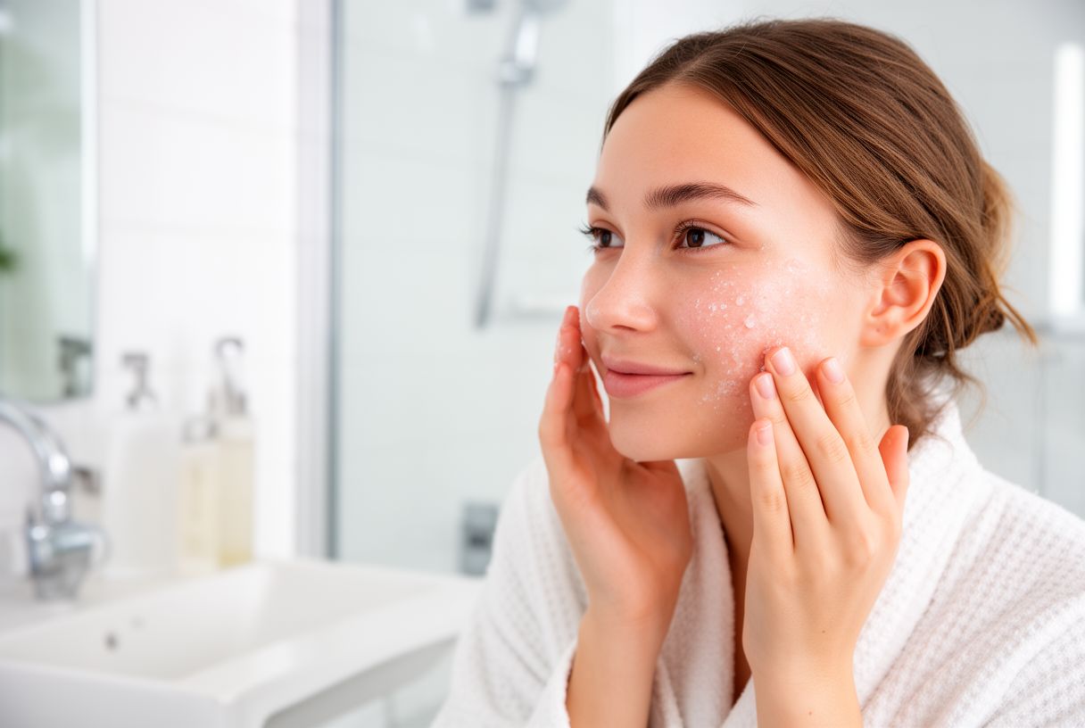 Femme appliquant un gommage doux du visage du bout des doigts