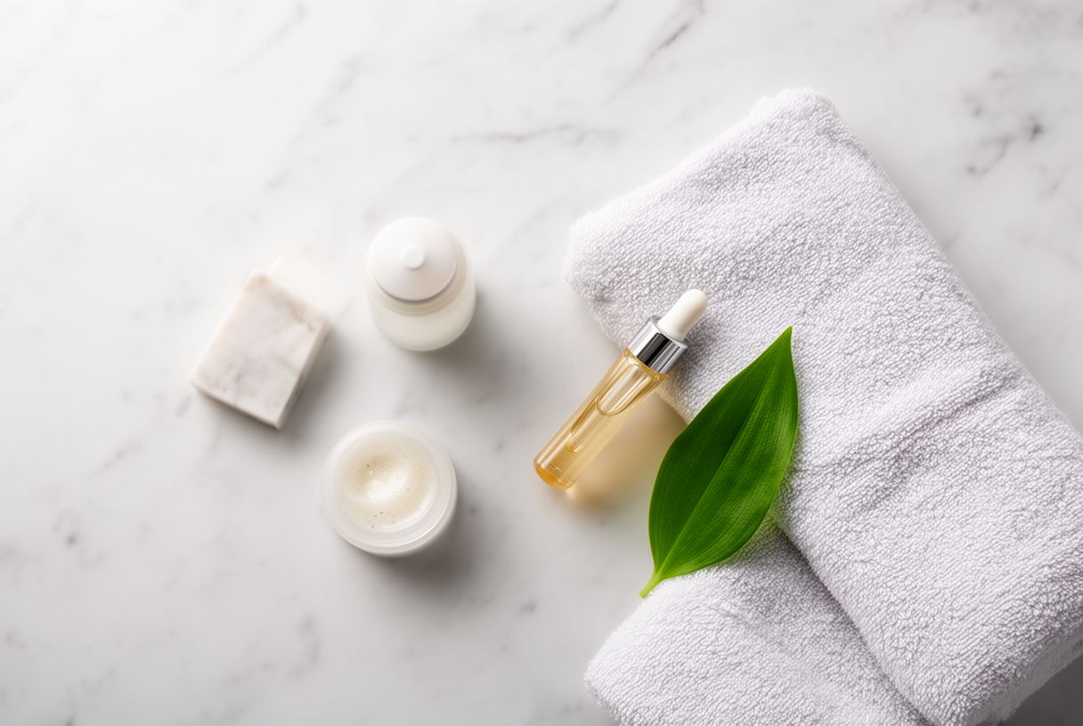 Sérum vitamine C, gommage doux et serviette sur un plan en marbre