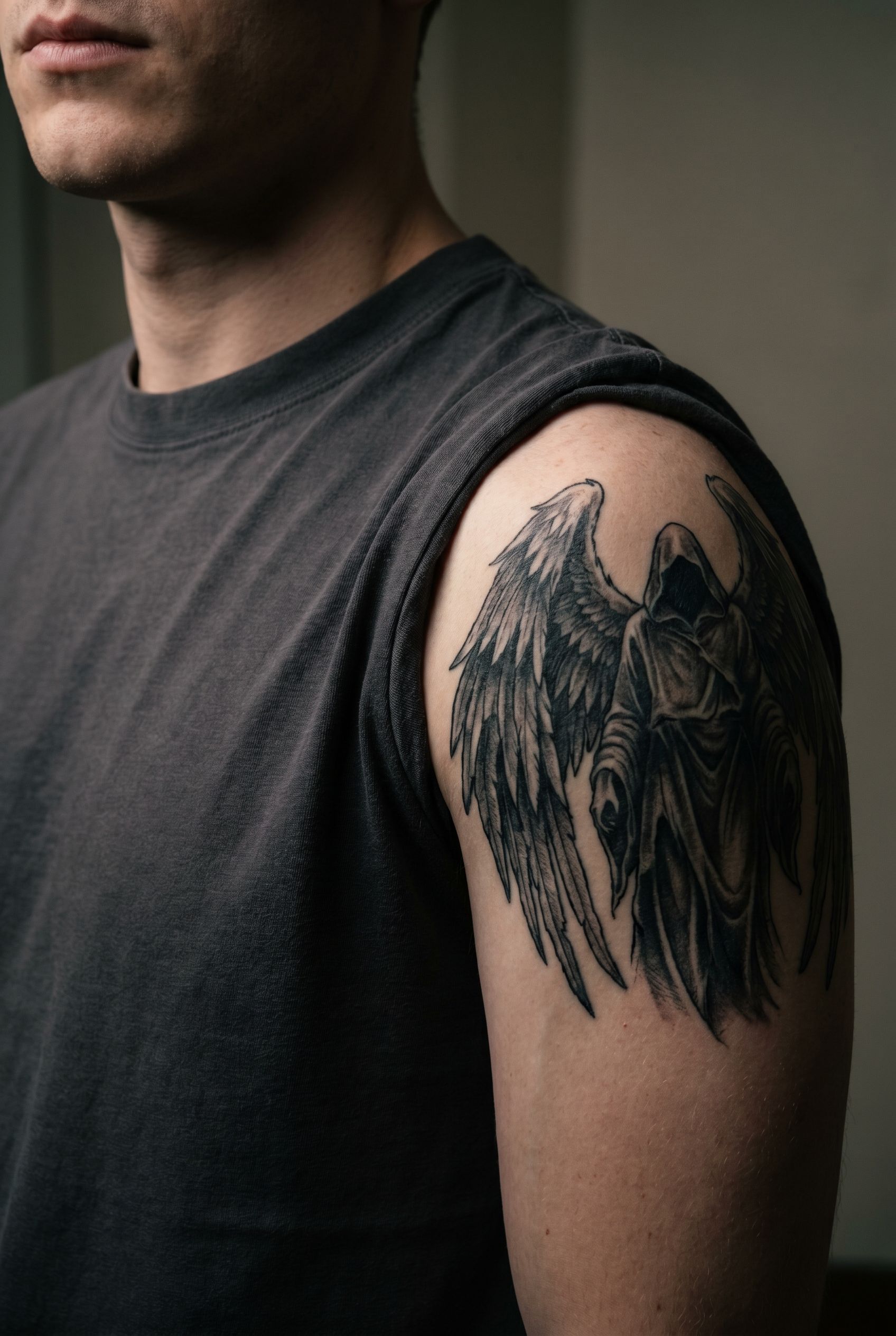 Tatouage de Griffith en Femto, figure ailée sombre, sur l'épaule