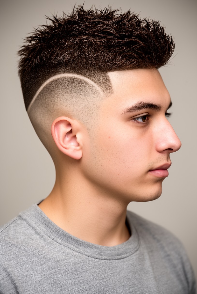 Homme de profil avec un burst fade classique évasé autour de l'oreille