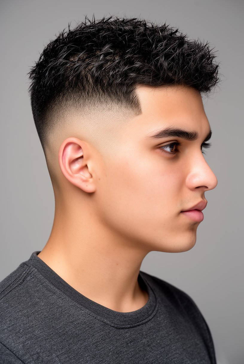 Homme avec un burst fade et un dessus texturisé court type crop