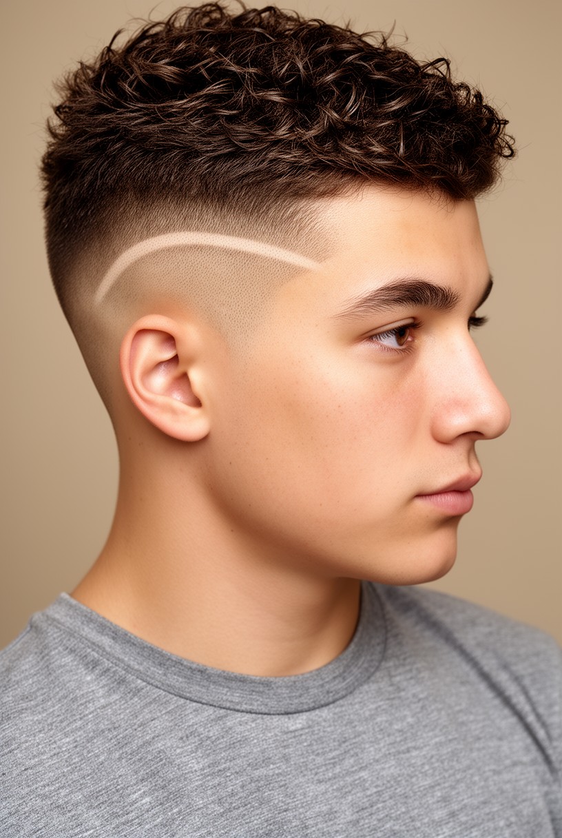 Homme avec un burst fade et un trait rasé décoratif sur le côté