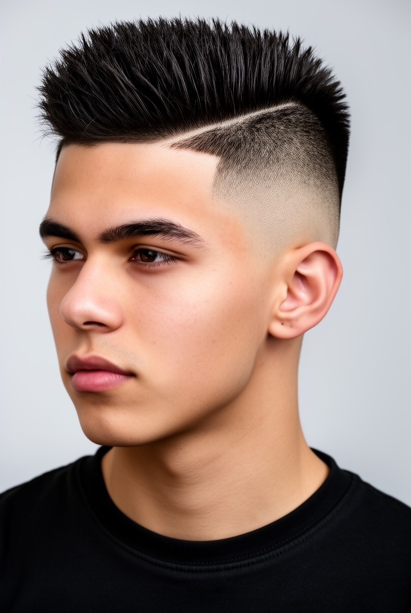 Homme avec un burst fade et une bande de cheveux façon faux hawk