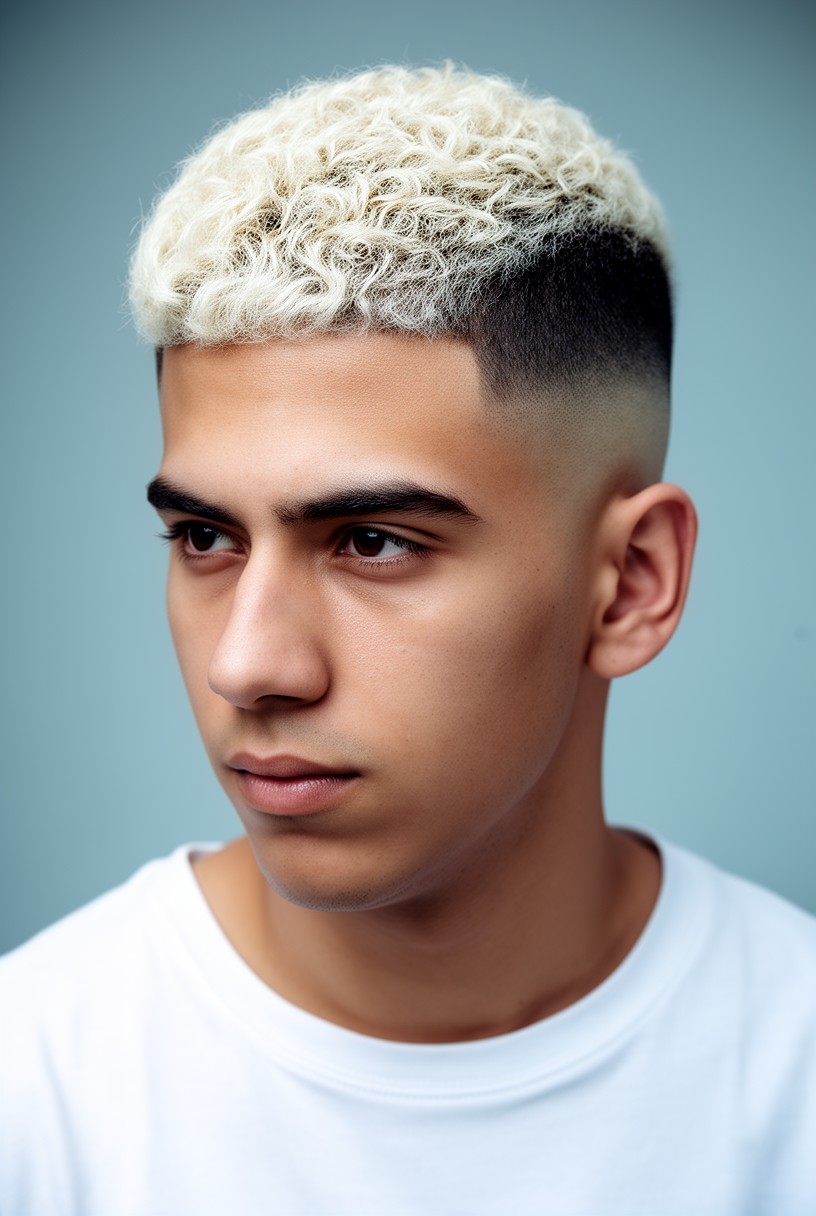Homme avec un burst fade et un dessus décoloré platine